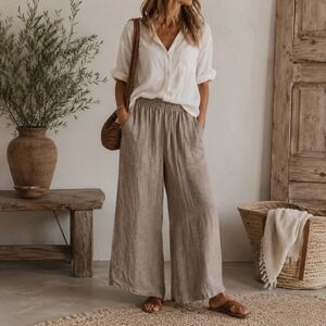 La. FIXSUN 100% Linen Wide Leg Pants Pull-On Elastic Waist Lagenlook earthy
